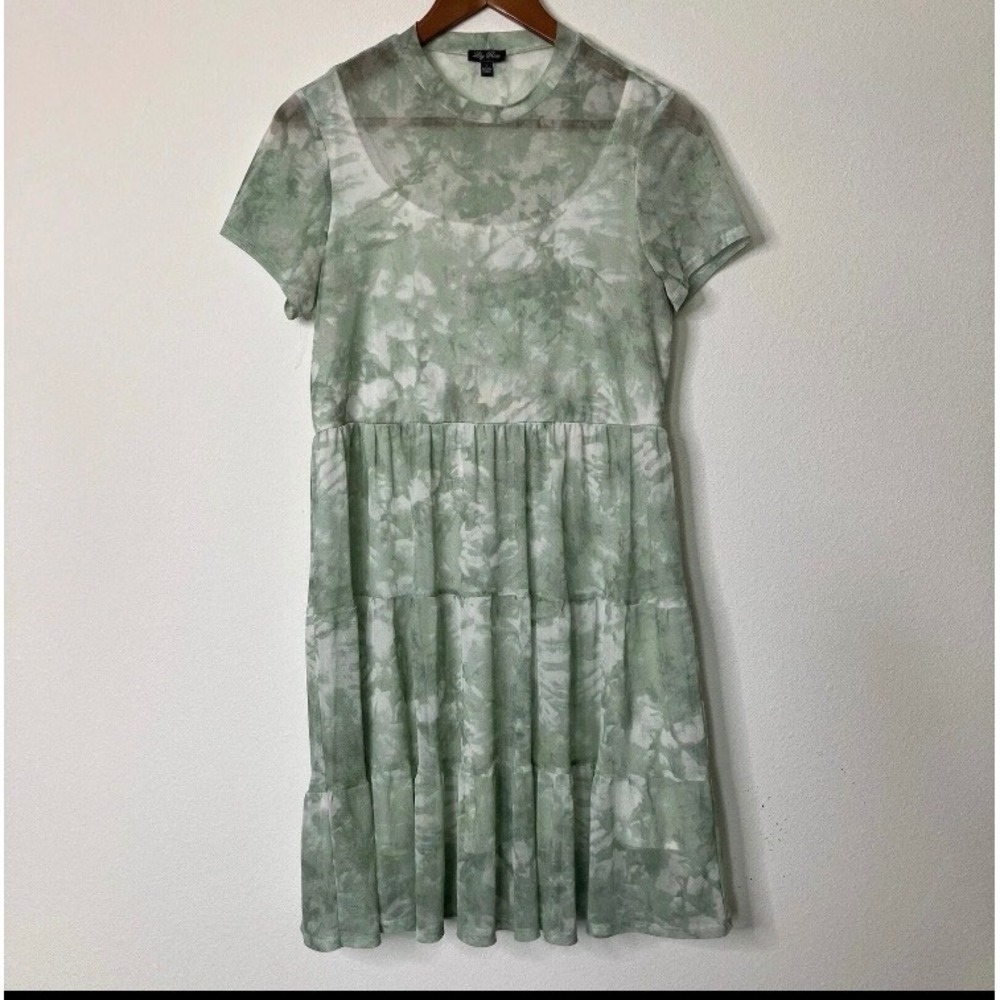 Lily Rose Dress L Mint Green Short Sleeve Mesh Knee Length Tie Dye Mineral Wash